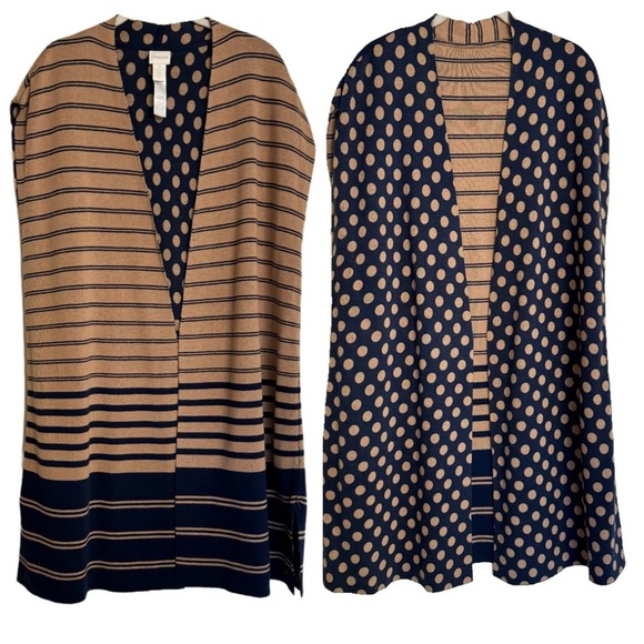 CHICOS Reversible Cardigan Size 3 XL 16 Polka Dot Striped Tan Navy - Picture 1 of 16